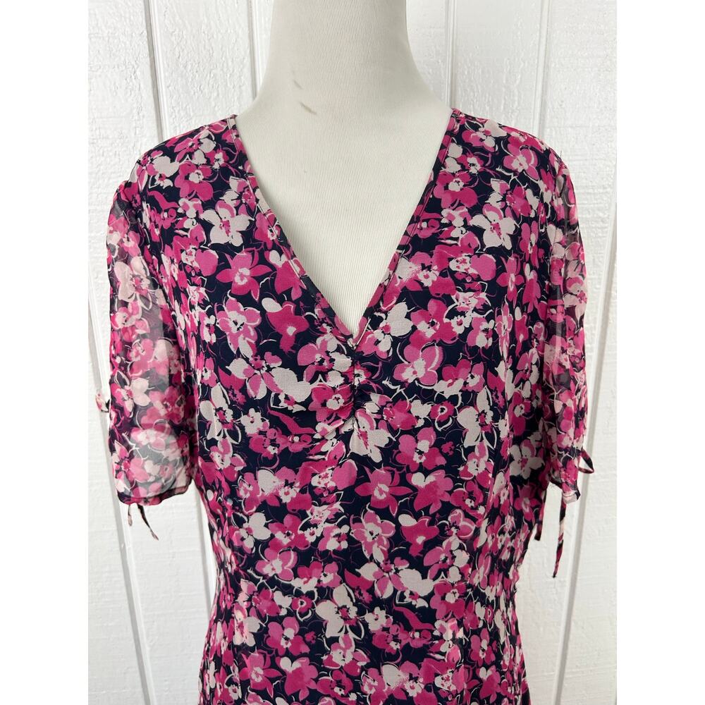Jaclyn Smith Silk Floral Midi Dress 12 Pink Navy Sheer Sleeve 90s Y2K Romantic - Picture 4 of 8